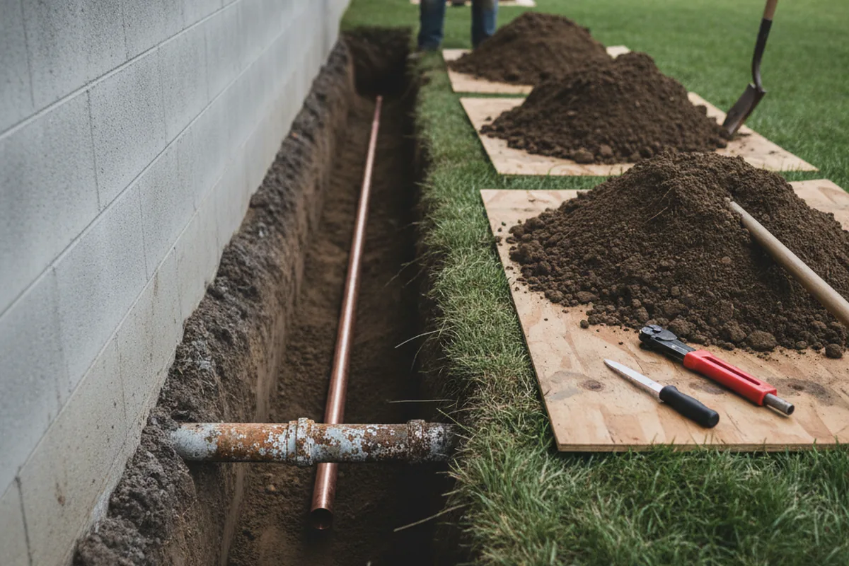Excavated water line trench during Sewer Line Repair in Bamberg